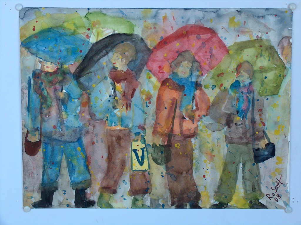 Vier Freundinnen im Regen, Aquarell auf Bütten, 30 cm x 40 cm, verkauft